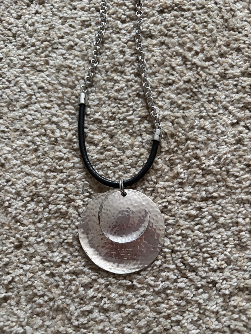Textured Silver Double Disc Pendant Necklace in Black